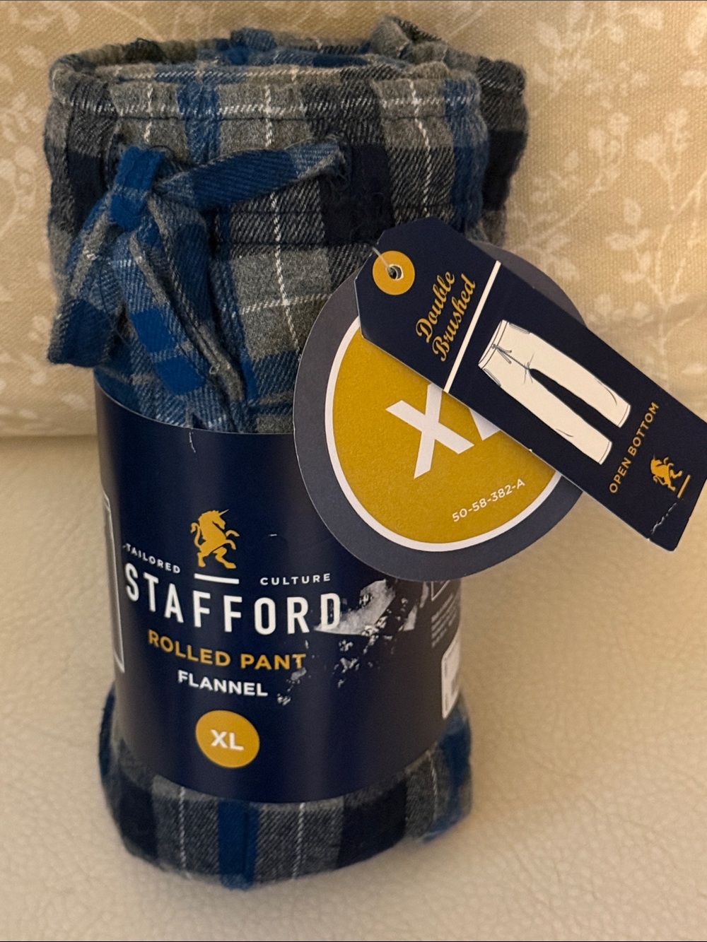 Stafford Blue and Gray Plaid Flannel Rolled Pant